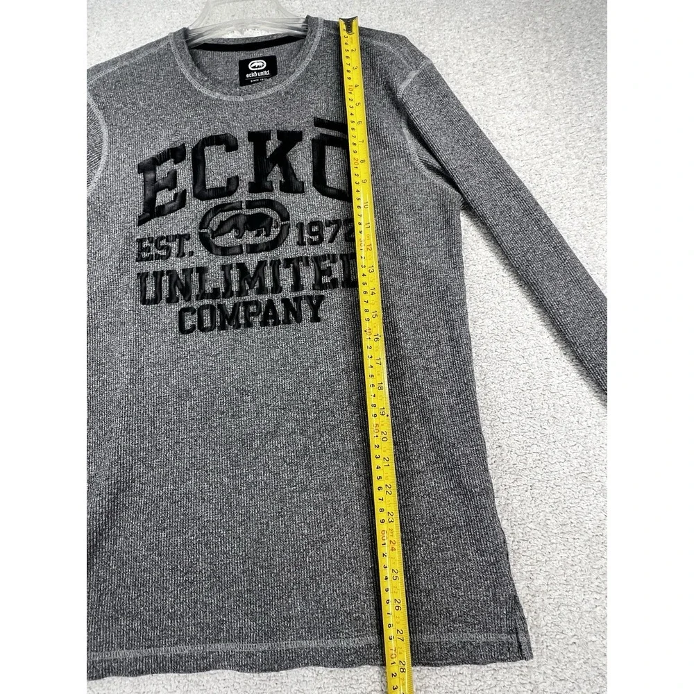 Ecko Unltd Shirt Mens L Waffle Knit Rhino Logo Gray Long Sleeve Thermal Y2K EUC